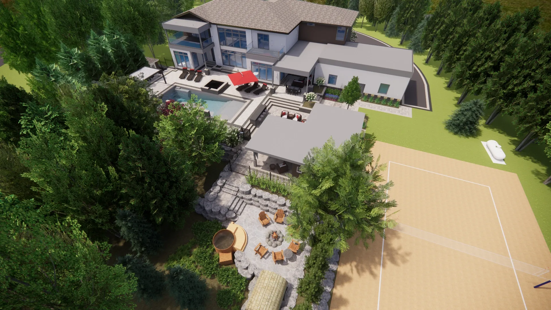 Photorealistic aerial 3D render of a complete outdoor living plan