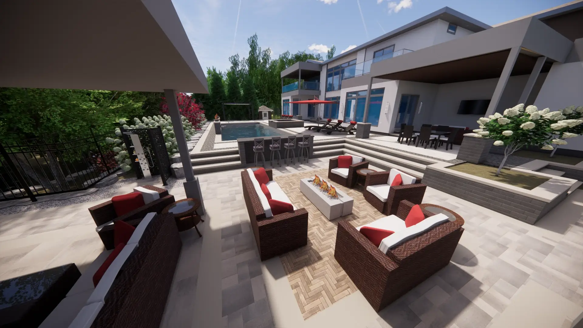 Landscape design visualization of a fire patio and garden setting