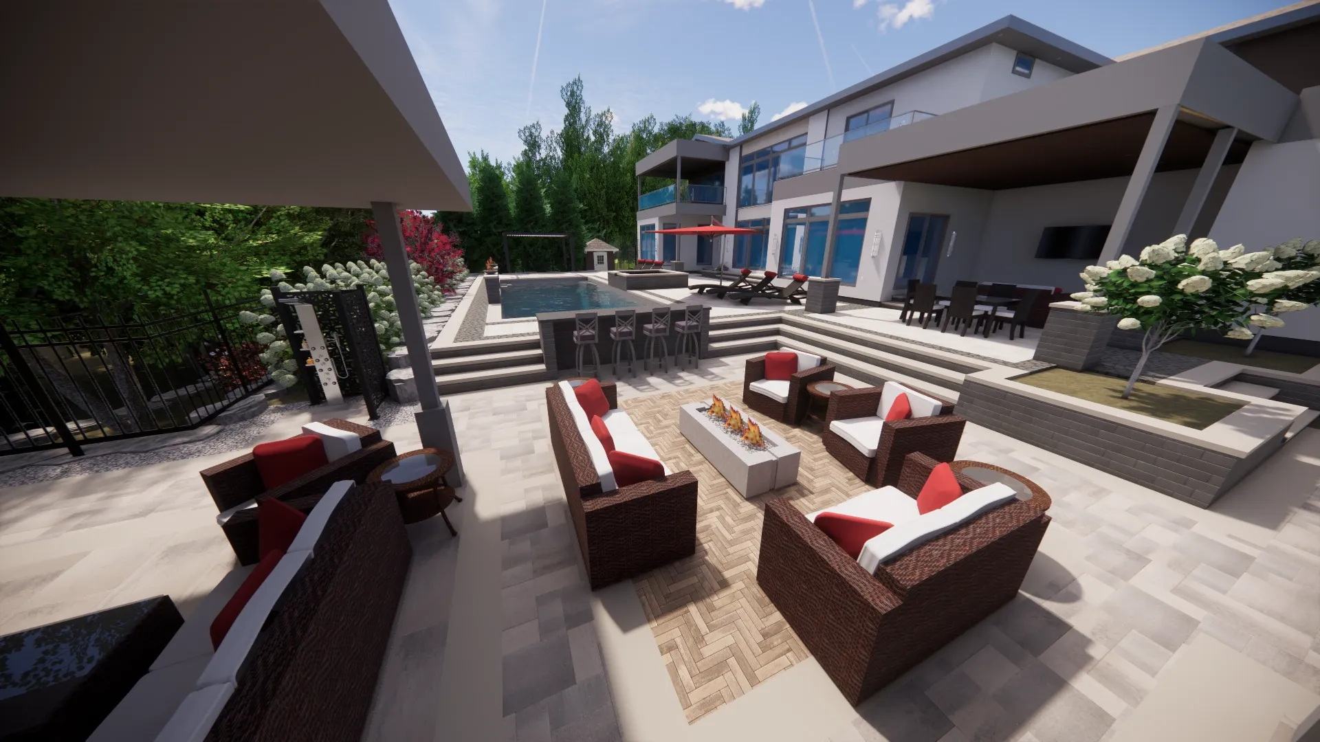 Photorealistic 3D render of a fire lounge, pool and outdoor dining space