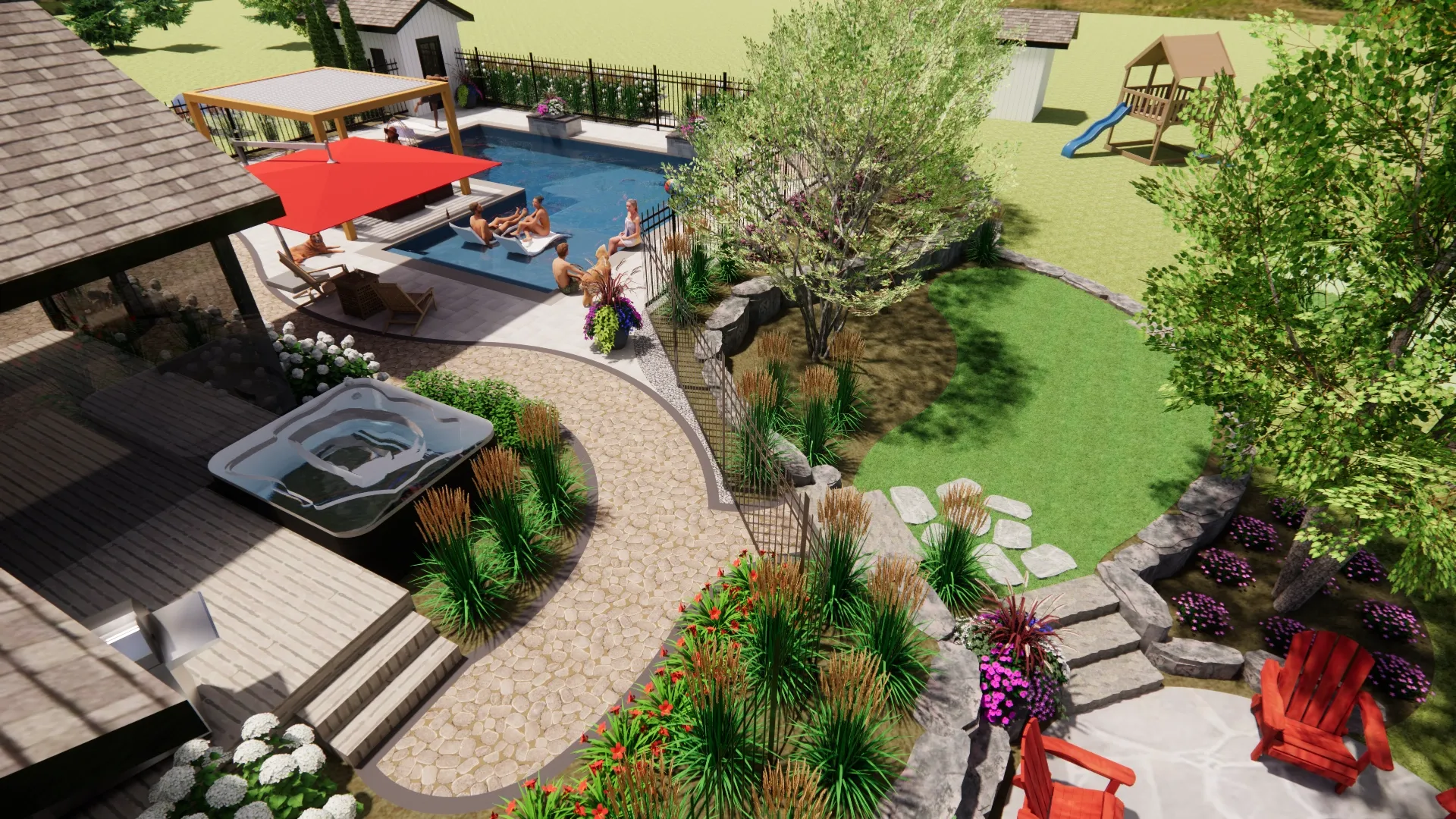 Photorealistic 3D garden and pool design viewed from above