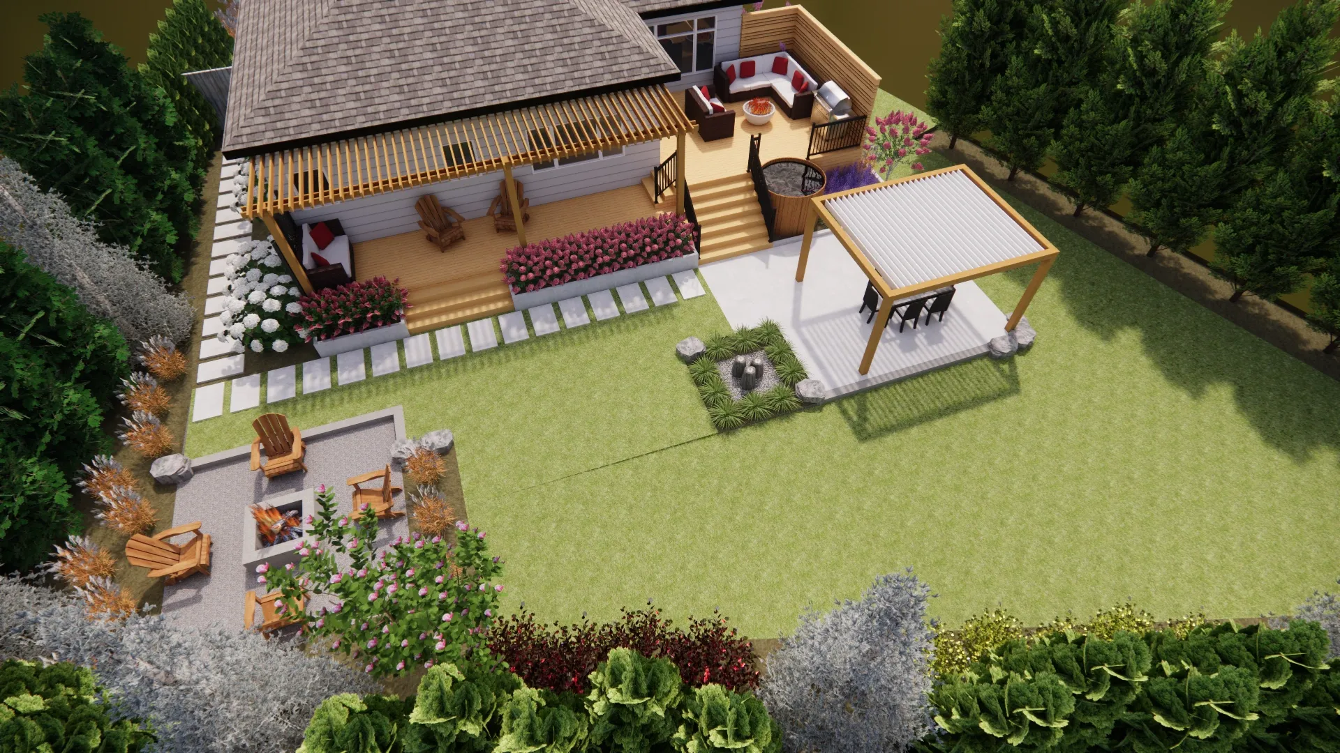 Photorealistic 3D render of a garden, studio and outdoor living plan