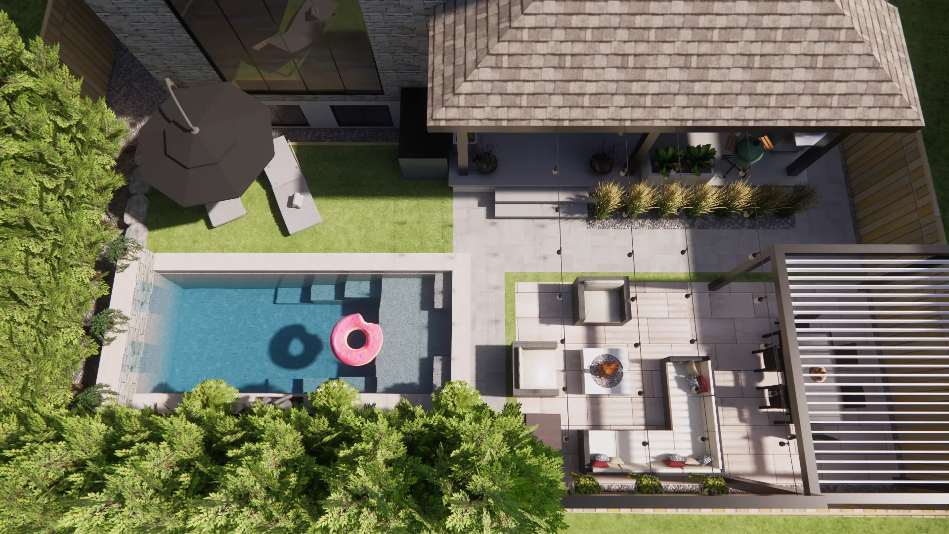 Photorealistic 3D plan for a modern pool and outdoor living space