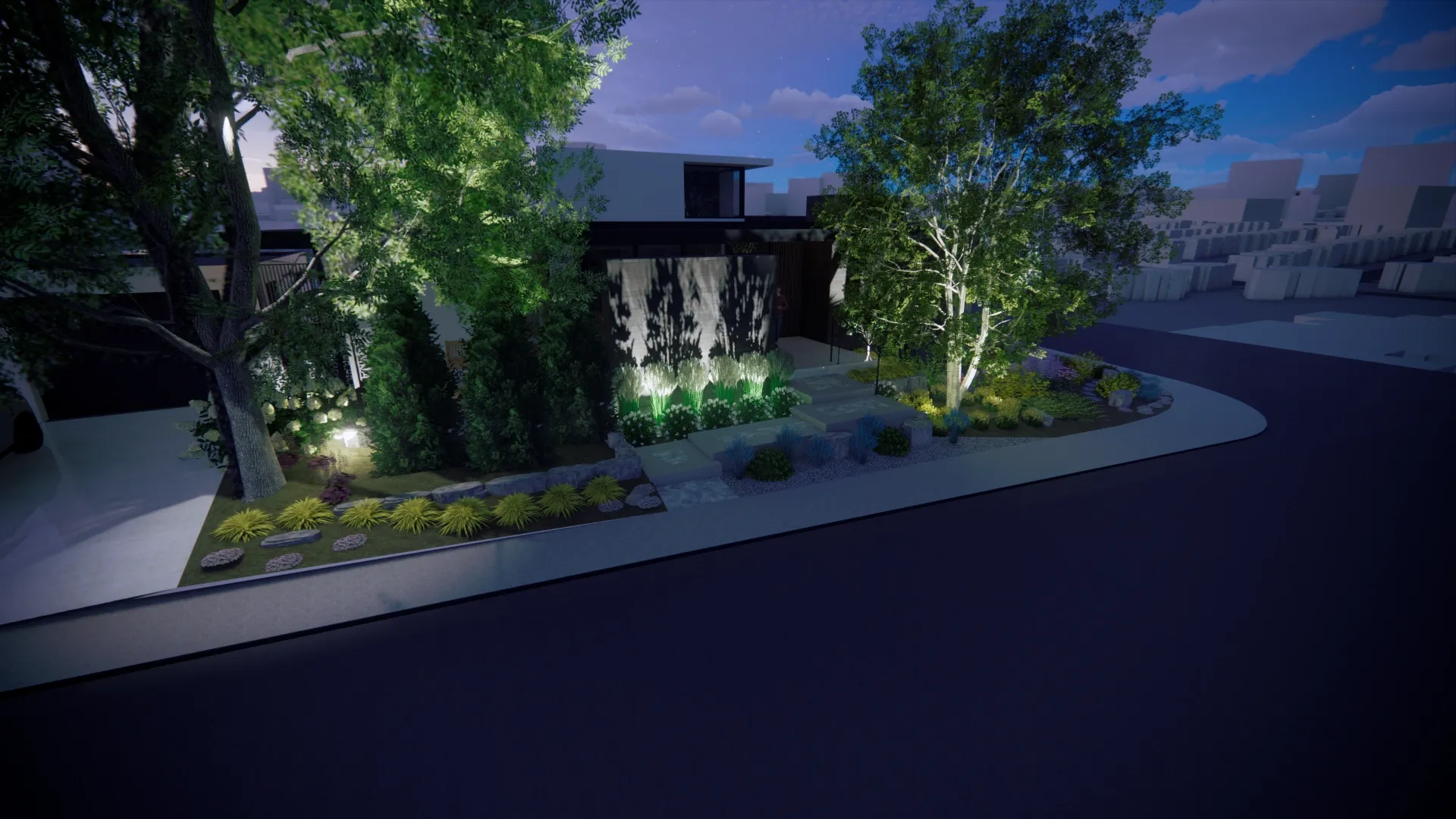 Photorealistic night render of a water-wall garden and front approach