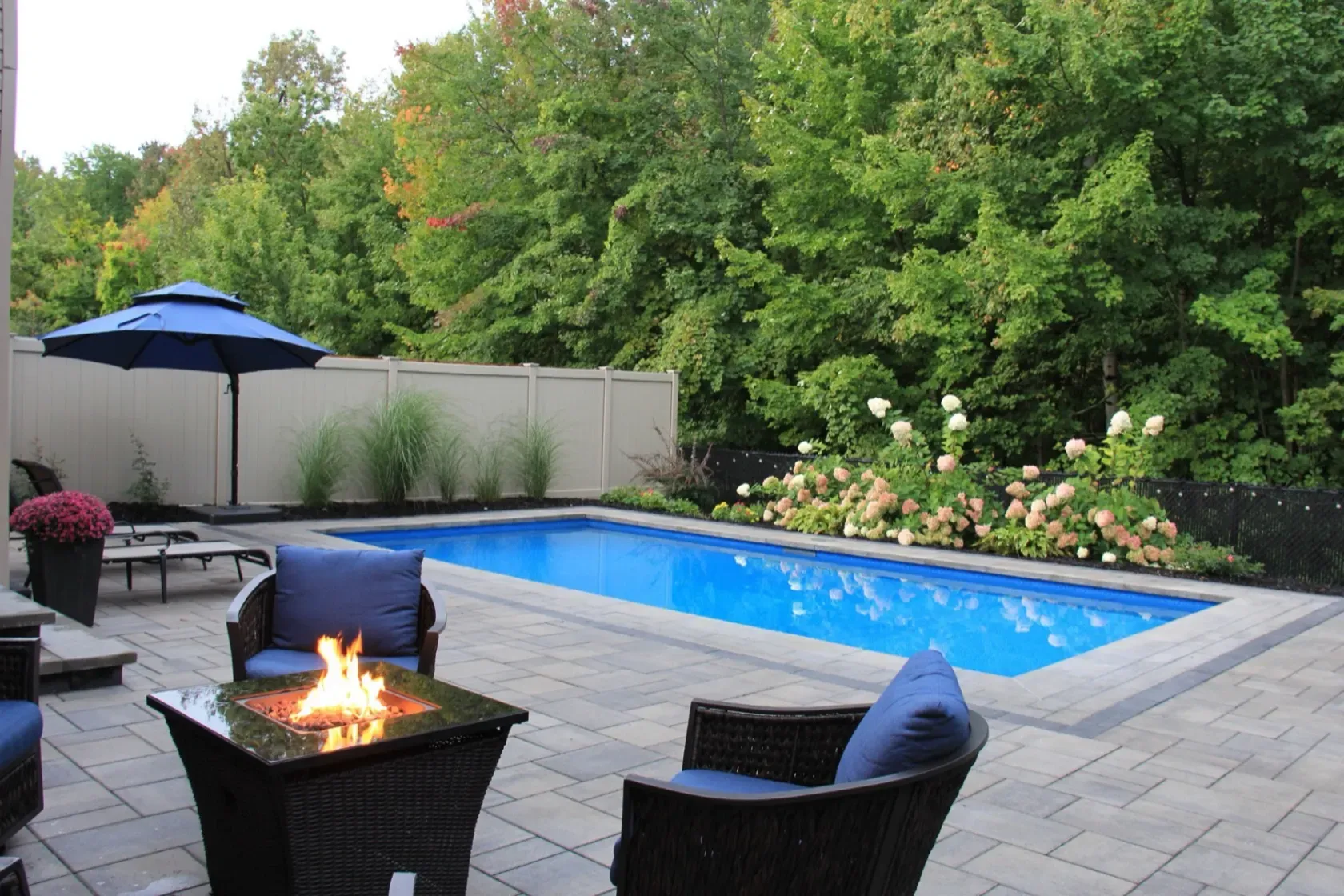 Pool and fire feature at dusk